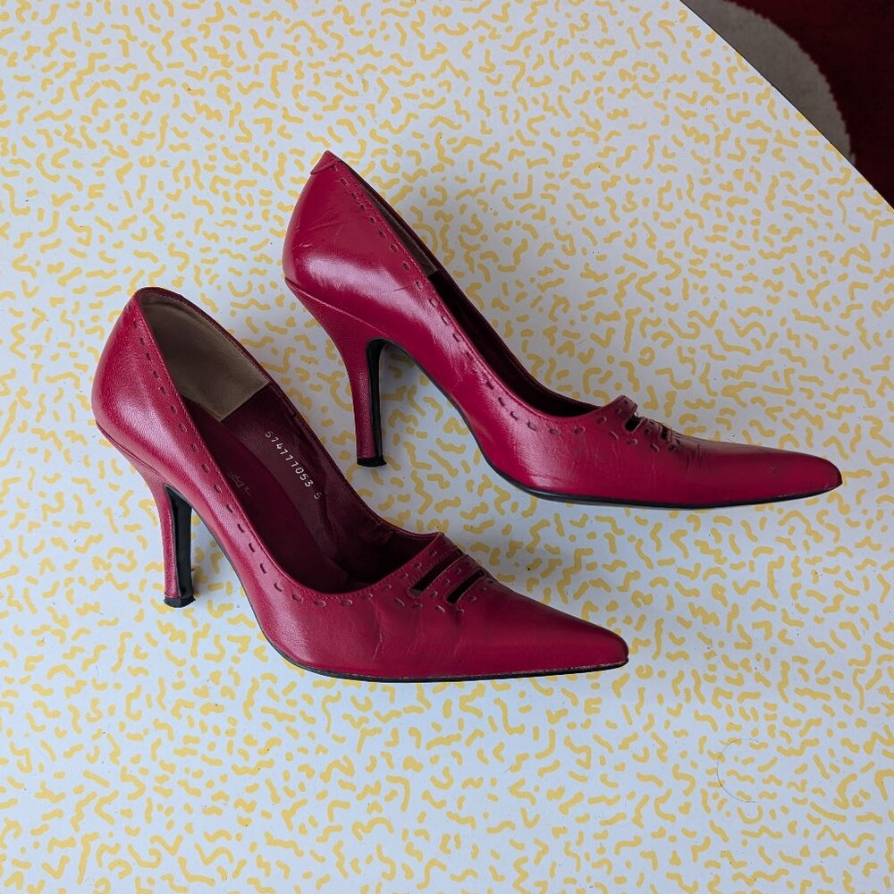 Miss Selfridge Dark Red Perforated Leather Pumps Y2K